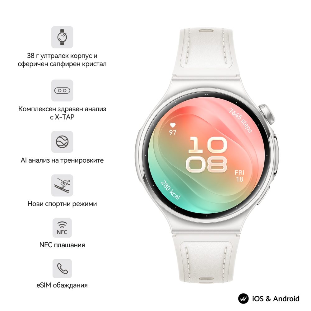 Huawei Watch 6, Leib-L19L, Бял, 42.3 мм, 1.38-инчов LTPO OLED цветен екран, 2.4 GHz, BT5.0 и BR+BLE, 64 GB; RAM 2GB, 4G LTE FDD, IP68, IP69, 5ATM, водоустойчив за гмуркане до 40 метра, NFC, батерия 3 дни, 540 mAh + Huawei FreeBuds 7i Conch-T010 Бял