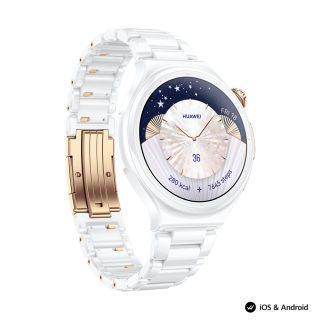 Huawei Watch 6 Pro, Leib-L29C, Ceramic Edition, 43.5 mm, 1.38-инчов LTPO OLED цветен екран, 2.4 GHz, BT5.0 и BR+BLE, 64GB; RAM 2GB, 4G LTE FDD, IP68, IP69, 5ATM, водоустойчив за гмуркане до 40 метра, NFC, батерия 3 дни + Huawei FreeBuds 7i Conch-T010 Бял