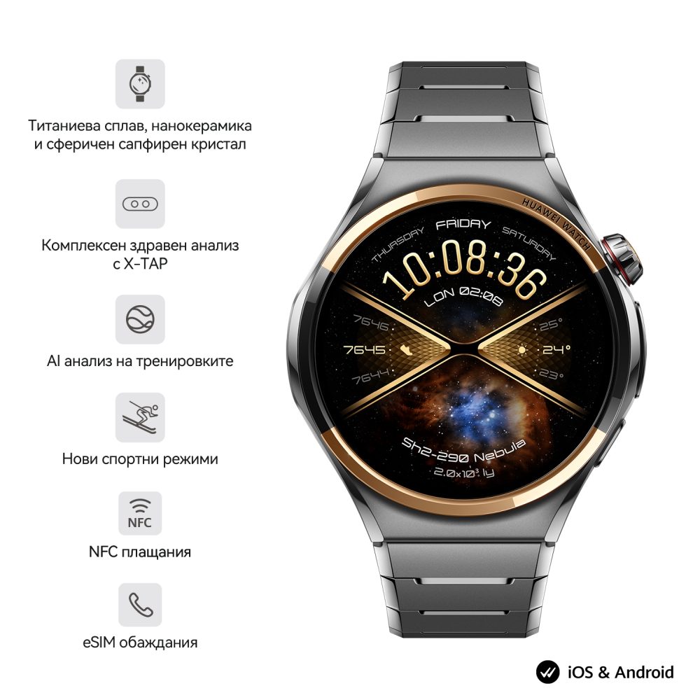 Huawei Watch 6 Pro, Niz-L29D, Space Edition, 46.4 mm, 1.5-инчов LTPO OLED цветен екран, 2.4 GHz, BT5.0 и BR+BLE, 64GB; RAM 2GB, 4G LTE FDD, NFC, IP68, IP69, 5ATM, водоустойчивост за гмуркане до 40 метра, 4.5 дни + Huawei FreeBuds 7i Conch-T010 White