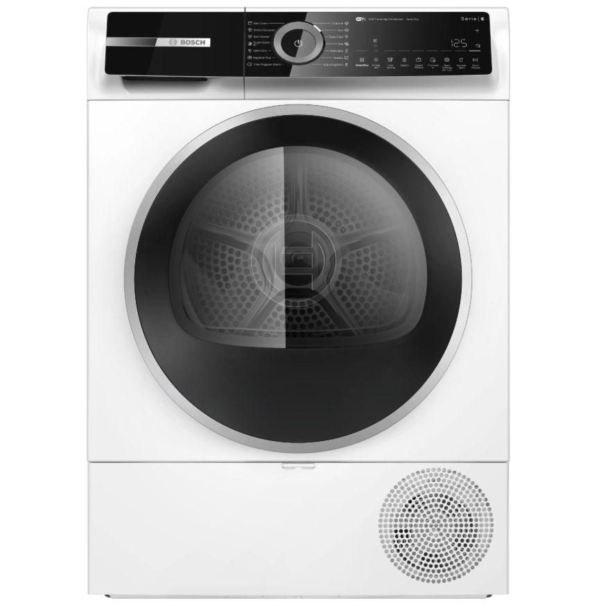 Bosch WQN246D1BY, SER6, Сушилня с термопомпа 9kg B / B конденз., 59dB, Self-Cleaning Condenser, дренажен комплект, бяла-черно-сива врата, HC, наклонен сензорен дисплей