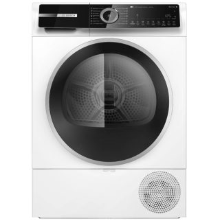 Bosch WQN246D1BY, SER6, Сушилня с термопомпа 9kg B / B конденз., 59dB, Self-Cleaning Condenser, дренажен комплект, бяла-черно-сива врата, HC, наклонен сензорен дисплей