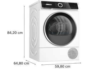 Bosch WQN246D1BY, SER6, Сушилня с термопомпа 9kg B / B конденз., 59dB, Self-Cleaning Condenser, дренажен комплект, бяла-черно-сива врата, HC, наклонен сензорен дисплей