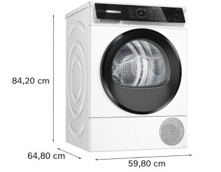 Bosch WQN246D0BY SER6 сушилня с термопомпа 9kg B/B, 59dB, Self-Cleaning Condenser, дренажен комплект, бяла-черно-сива врата, HC, наклонен сензорен дисплей
