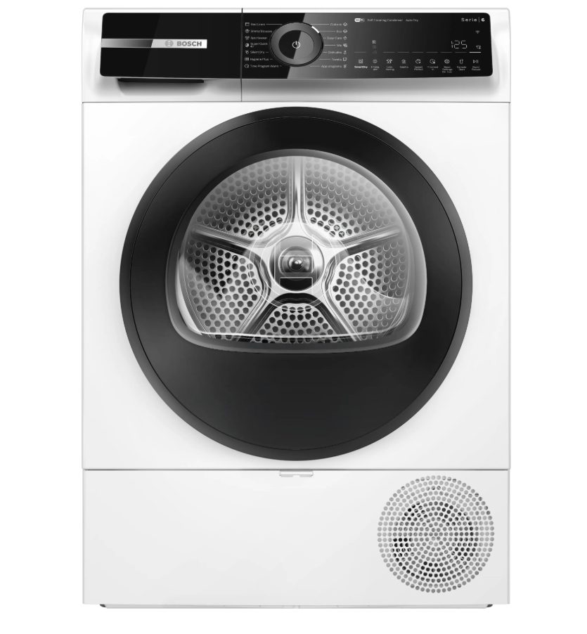 Bosch WQN246D0BY SER6 сушилня с термопомпа 9kg B/B, 59dB, Self-Cleaning Condenser, дренажен комплект, бяла-черно-сива врата, HC, наклонен сензорен дисплей
