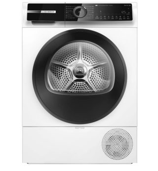 Bosch WQN246D0BY SER6 сушилня с термопомпа 9kg B/B, 59dB, Self-Cleaning Condenser, дренажен комплект, бяла-черно-сива врата, HC, наклонен сензорен дисплей