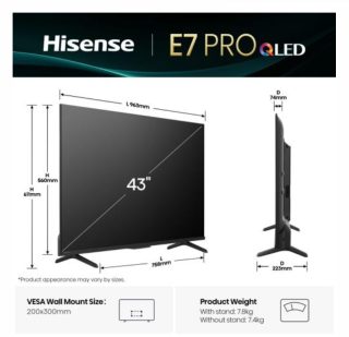 Hisense 43" E7Q Pro 4K Ultra HD QLED Smart TV, 144Hz, HDR10+ Adaptive, Dolby Vision, DTS Virtual X, Черен