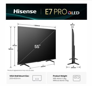 Hisense 55" E7Q Pro, 4K Ultra HD 3840x2160, QLED, Quantum Dot, 144Hz, HDR 10+ adaptive, HLG, Dolby Vision, DTS Virtual X, Smart TV, WiFi 5GHz, WiFi Direct, BT, Anyview Cast, 3xHDMI, 2xUSB, LAN, CI+, DVB-T2/C/S2, Черен