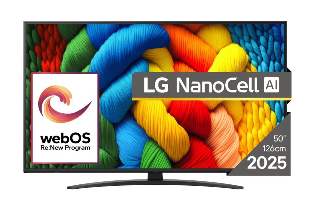 LG 50NANO81A3A, 50" 4K HDR Smart Nano Cell телевизор, 3840x2160, DVB-T2/C/S2, AI Alpha 7, HDR 10 PRO, webOS 25, ThinQ AI, VRR, ALLM, HGiG, WiFi, Clear Voice, AI Upscaling, Bluetooth, Hdmi e-ARC, CI, LAN, AirPlay2, Chromecast, 2 Pole stand, Черен