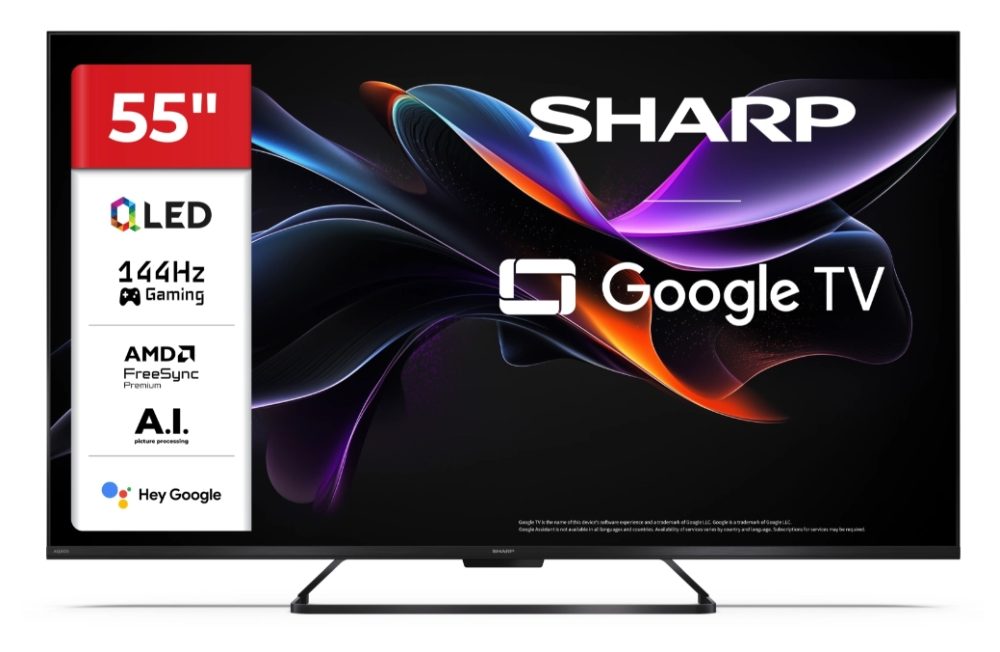 Sharp 55HR7265E, 55" QLED GOOGLE TV, 4K 144Hz Quantum Dot 3840x2160 Frameless, AQUOS AI, DVB-T/T2/C/S/S2, Active Motion 1400, HDR10, Dolby Atmos, Dolby Vision, DTS:X, Google Assistant, HDMI eARC, Mini Composite/CVBS + Audio input, USB, Wi-Fi, Bluetooth