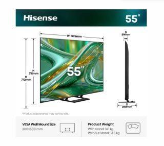 Hisense 55" E8S, 4K Ultra HD 3840x2160, ULED, Quantum Dot, 144 Hz, HDR 10+, HLG, Dolby Vision, DTS Virtual X, Smart TV, WiFi, Light Sensor, BT, Anyview Cast, 4xHDMI, 2xUSB, LAN, CI+, DVB-T2/C/S2, Single Stand, Black