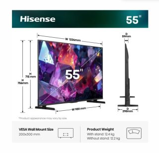Hisense 55" E7S Pro, 4K Ultra HD 3840x2160, QLED, Quantum Dot, 144Hz, HDR 10+ adaptive, HLG, Dolby Vision, DTS Virtual X, Smart TV, WiFi 5GHz, WiFi Direct, BT, Anyview Cast, 3xHDMI, 2xUSB, LAN, CI+, DVB-T2/C/S2, Black