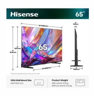 Hisense 65" E7S, 4K Ultra HD 3840x2160, QLED, Quantum Dot, HDR 10+, HLG, Dolby Vision, DTS Virtual X, Smart TV, Light Sensor, WiFi Direct, BT, Anyview Cast, 3xHDMI, 2xUSB, LAN, CI+, DVB-T2/C/S2, Black