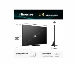 Hisense 65" U8Q, 4K Ultra HD 3840x2160, Mini LED Pro, FALD, Quantum Dot, 165Hz, IPS, HDR 10+, HLG, Dolby Vision IQ, Dolby Atmos, Smart TV, Light Sensor, WiFi 5GHz, WiFi Direct, BT, Anyview Cast, 3xHDMI, 2xUSB, LAN, CI+, DVB-T2/C/S2, Black
