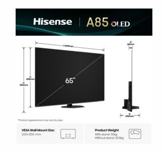 Hisense 65" A85Q, 4K UHD OLED Smart TV, 120Hz, 1000 nits, HDMI 2.1, Game Mode Pro, AMD FreeSync Premium, Dolby Vision IQ & Atmos, Bluetooth, Alexa Built-in, Черен