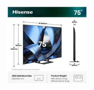 Hisense 75"U7SE 4K Ultra HD 3840x2160 ULED FALD Quantum Dot 144Hz IPS Smart TV, черен