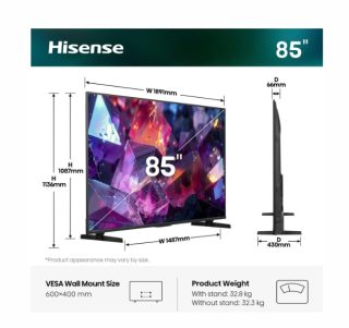 Hisense 85" E7S Pro, 4K Ultra HD 3840x2160, QLED, Quantum Dot, 144Hz, HDR 10+ adaptive, HLG, Dolby Vision, Hi-Concerto, Dolby Atmos, Smart TV, WiFi 5GHz, WiFi Direct, Light Sensor, BT, Anyview Cast, 4xHDMI, 2xUSB, LAN, CI+, DVB-T2/C/S2, Черен