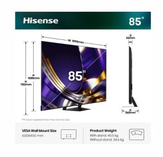 Hisense 85"U7S Pro, 4K Ultra HD 3840x2160, ULED, FALD, Quantum Dot, 165Hz, IPS, HDR 10+, HLG, Dolby Vision IQ, Dolby Atmos, Smart TV, WiFi 5GHz, WiFi Direct, BT, Anyview Cast, светлинен сензор, дистанционно със слънчево захранване, 4xHDMI, 2xUSB, LAN, CI+, DVB-T2/C/S2, Черен