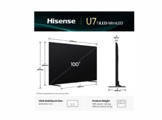 Hisense 100U7Q 100" ULED Smart телевизор, FALD, 165Hz, 5000:1, Quantum Dot, Dolby Vision IQ, Vidaa, ADS, Черен