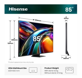 Hisense 85" UR9S 4K Ultra HD 3840x2160 RGB Mini LED DLED Quantum Dot 180Hz IPS HDR10+ HLG Dolby Vision IQ Dolby Atmos Smart TV