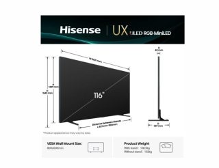 Hisense 116'' UXQ RGB Mini-LED телевизор, FALD, 165Hz, 3x4000 нита, Quantum Dot, Vidaa, ADS, Черен