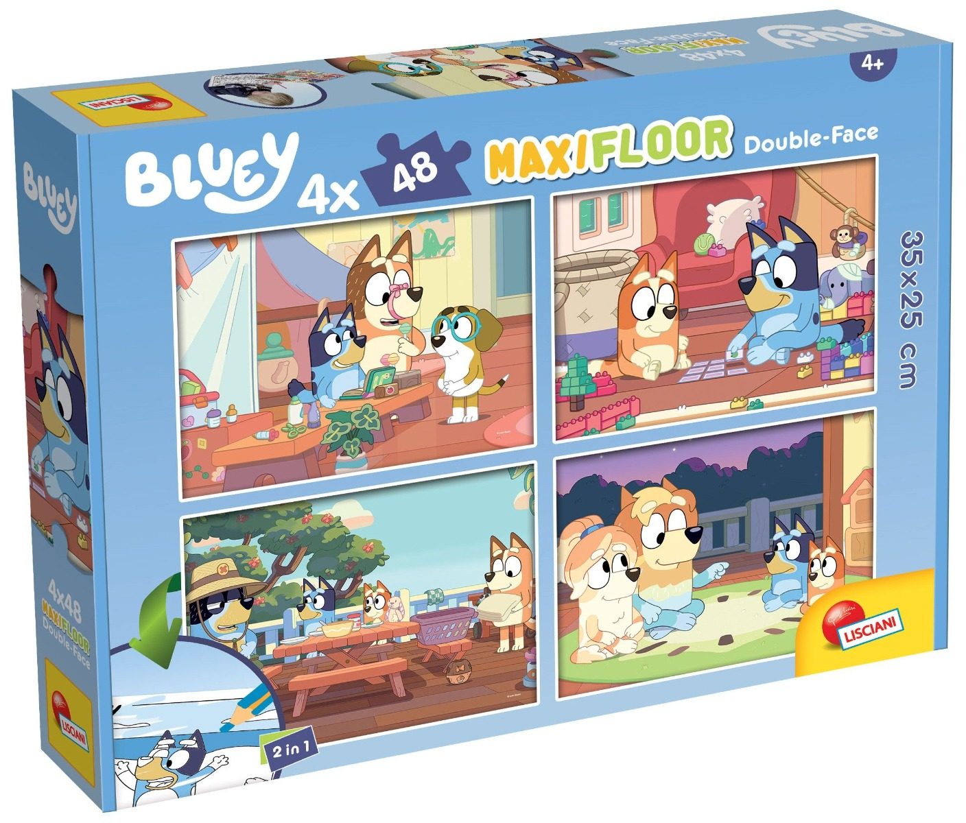 Двулицев пъзел за оцветяване Lisciani - Bluey - 4 х 48 части