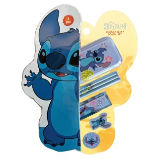 Училищен комплект Escolar, Stitch 7 части - гумичка, острилка, 3 броя моливи, несесер, линия
