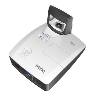 Мултимедиен проектор BenQ MW855UST+, DLP, WXGA (1280x800), ултракъс фокус, 3500 ANSI лумена, контраст 10000:1, вертикално преместване на обектива, HDMI 2.0 x2, RJ45, VGA вход x1, VGA изход, аудио вход/изход, RCA, 10W високоговорител x2, включен стенен монтаж, опционален Qcast и интерактивен модул, 5 кг