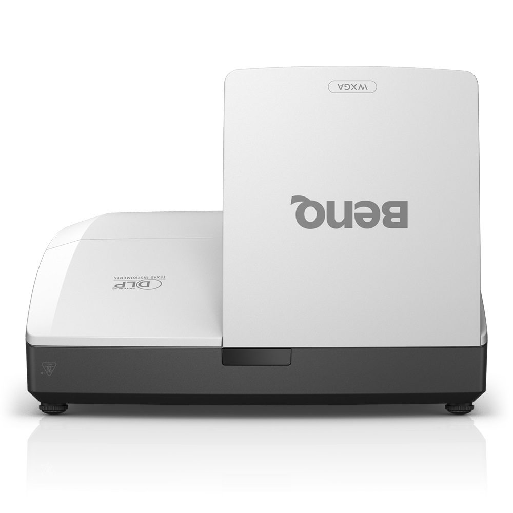 Мултимедиен проектор BenQ MW855UST+, DLP, WXGA (1280x800), ултракъс фокус, 3500 ANSI лумена, контраст 10000:1, вертикално преместване на обектива, HDMI 2.0 x2, RJ45, VGA вход x1, VGA изход, аудио вход/изход, RCA, 10W високоговорител x2, включен стенен монтаж, опционален Qcast и интерактивен модул, 5 кг