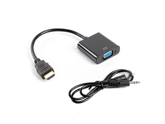 Адаптер Lanberg HDMI-A (м) -> VGA (ж) + минижак 3.5mm (ж), 20cm кабел, черен