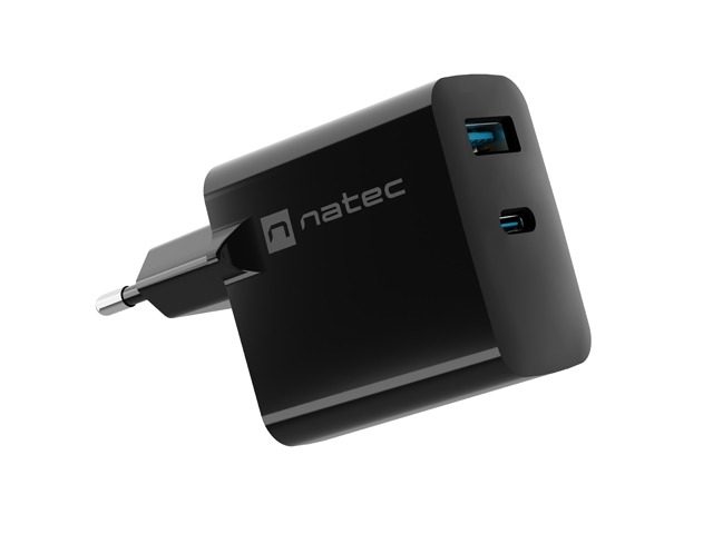 Natec USB Charger Ribera GaN 1X USB-A + 1X USB-C 45W, Черен