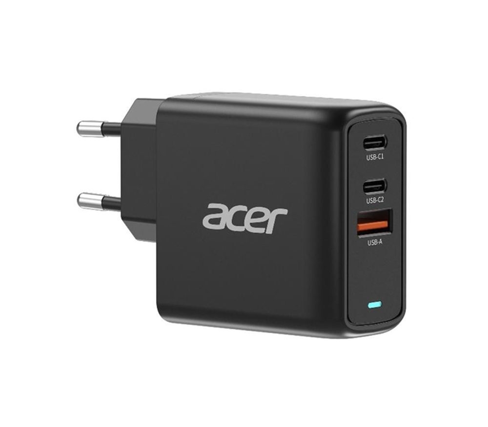 Acer Power Adapter 67W PD GaN Charger, 2 x USB C и 1 x USB A, EU Plug, 100W USB-C cable, Black (Retail Pack)