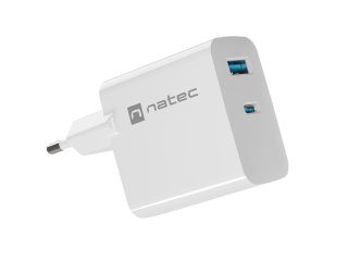 Natec USB Charger Ribera GaN 1x USB-A + 1x USB-C 65W, Бял