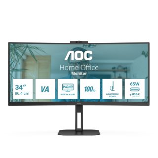 Монитор AOC CU34V5CW/BK, 34" Curved 1500R, VA, WLED, 3440x1440@100Hz, 4ms GtG, 1ms MPRT, 300cd/m², 3000:1, 20M:1 DCR, Adaptive Sync, FreeSync, Low Blue Light, 5Wx2, 2MP Webcam, Tilt, Height Adjust, Swivel, HDMI, DP, USB hub