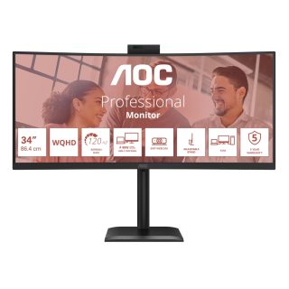 Монитор AOC CU34E4CW, 34" Curved 1500R, VA, WLED, 3440x1440@120Hz, 4ms GtG, 1ms MPRT, 350cd/m², 3500:1, 50M:1 DCR, Adaptive Sync, FlickerFree, Anti-Blue Light, 5Wx2, Webcam 5MP, Tilt, Height Adjust, Swivel, 2xHDMI, DP, USB hub, KVM, RJ45