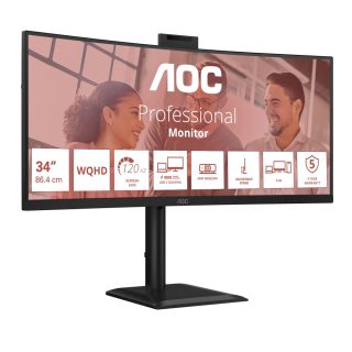 Монитор AOC CU34E4CW, 34" Curved 1500R, VA, WLED, 3440x1440@120Hz, 4ms GtG, 1ms MPRT, 350cd/m², 3500:1, 50M:1 DCR, Adaptive Sync, FlickerFree, Anti-Blue Light, 5Wx2, Webcam 5MP, Tilt, Height Adjust, Swivel, 2xHDMI, DP, USB hub, KVM, RJ45