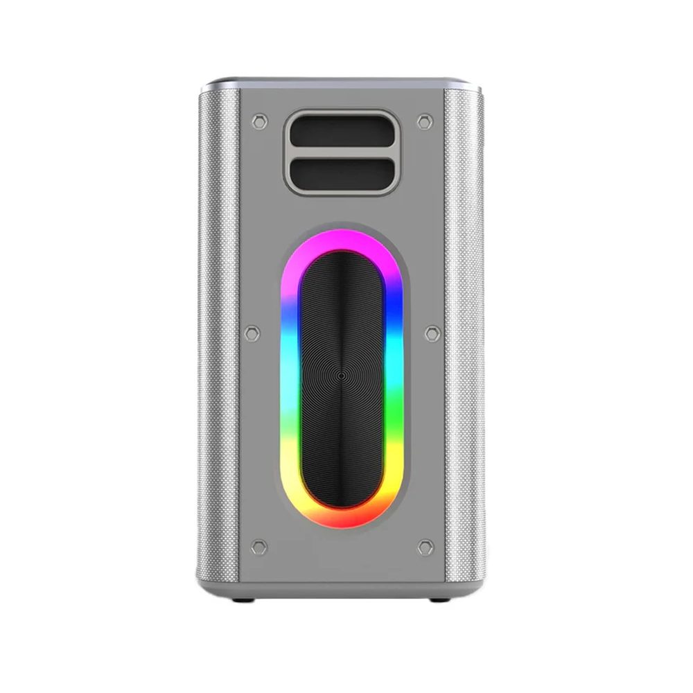 HiFuture MusicBox Silver, 3-посочна тонколона, 100W изходна мощност, вградена DynaBoost бас технология, вграден DC12V захранващ порт за непрекъсната игра, караоке танцуващи светлини, до 8 часа възпроизвеждане, Bluetooth 5.3, Pair to Play (TWS режим)