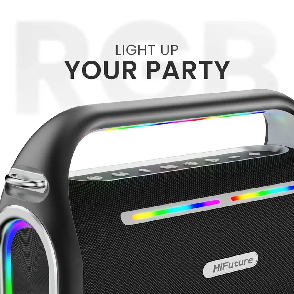 HiFuture MusicBox100 Black, 20W Output, Karaoke Enable, Two Wireless Microphone, 4000mAh Battery (Support Power Bank), RGB Lighting, Pair to Play (TWS Mode), Bluetooth 5.3