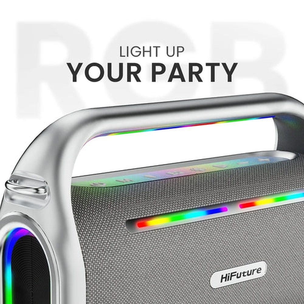 HiFuture MusicBox100 Silver, 20W изход, караоке, два безжични микрофона, батерия 4000mAh (поддържа power bank), RGB осветление, Pair to Play (TWS режим), Bluetooth 5.3