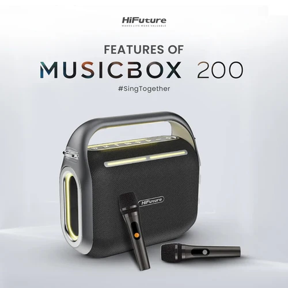 HiFuture MusicBox200 Black, 100W Output, Karaoke Enable, Two Wireless Microphone, 12000mAh Battery (Support Power Bank), RGB Lighting, Pair to Play (TWS Mode), Bluetooth 5.3