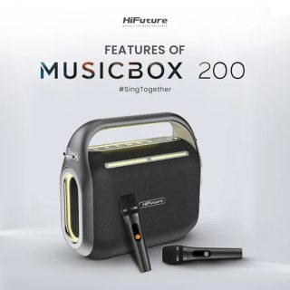 HiFuture MusicBox200 Black, 100W Output, Karaoke Enable, Two Wireless Microphone, 12000mAh Battery (Support Power Bank), RGB Lighting, Pair to Play (TWS Mode), Bluetooth 5.3