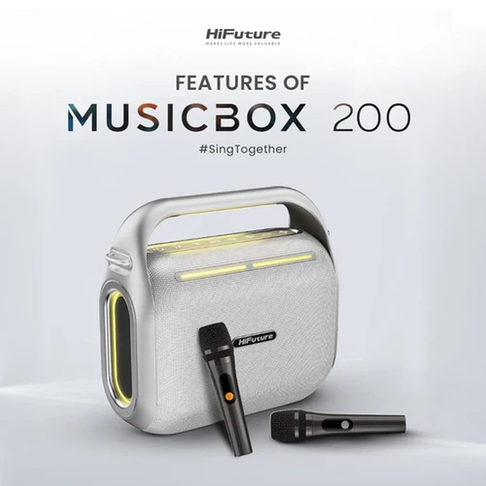 HiFuture MusicBox200 Silver, 100W Output, Karaoke Enable, Two Wireless Microphone, 12000mAh Battery (Support Power Bank), RGB Lighting, Pair to Play (TWS Mode), Bluetooth 5.3