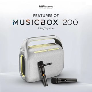 HiFuture MusicBox200 Silver, 100W Output, Karaoke Enable, Two Wireless Microphone, 12000mAh Battery (Support Power Bank), RGB Lighting, Pair to Play (TWS Mode), Bluetooth 5.3