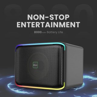 HiFuture Event Horizon Black, 3-лентова говорителна система, 100W изходна мощност, вградена DynaBoost бас технология, вграден DC12V захранващ конектор за непрекъсната игра, активиране на караоке танцова светлина, до 8 часа възпроизвеждане, Bluetooth 5.3, Pair to Play (TWS режим)