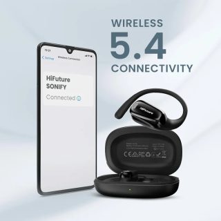 HiFuture Sonify Black, Open Ear Comfort, Bluetooth 5.4, 4 Mics ENC Calling System, Playtime up to 20 Hours, IPX5 Waterproof, 15mm Driver Bass Boost
