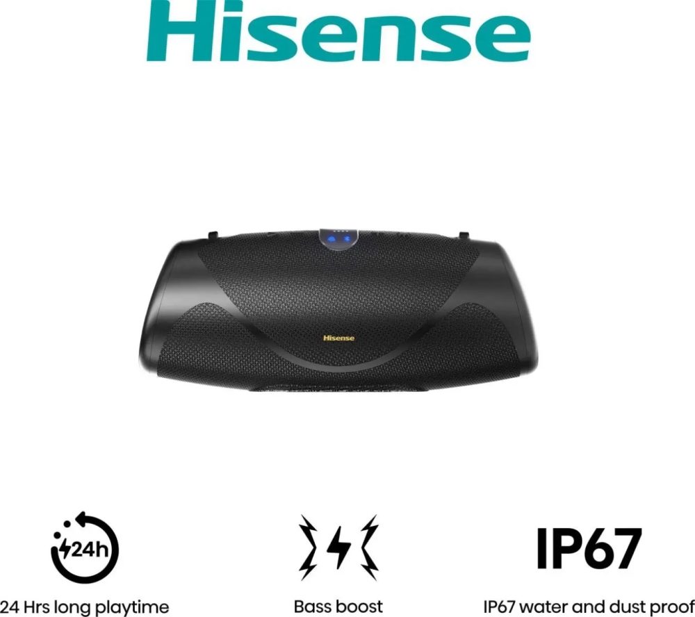 Hisense WeBoom Party тонколона 2.0 Ch., 140W, BT, 20h възпроизвеждане, IP67 водо- и прахоустойчива, Ambient Light, двупосочна презрамка, вградена Powerbank, черна