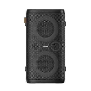 Hisense Party Rocker One Plus (HP110) Bluetooth високоговорител с 300W мощност, вграден субуфер, караоке режим, вградена безжична зарядна подложка, AUX вход и изход, USB, 15-часова дълготрайна батерия 4 x 2500Ah, включени 2 микрофона, черен