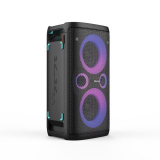 Hisense Party Rocker One Plus (HP110) Bluetooth високоговорител с 300W мощност, вграден субуфер, караоке режим, вградена безжична зарядна подложка, AUX вход и изход, USB, 15-часова дълготрайна батерия 4 x 2500Ah, включени 2 микрофона, черен