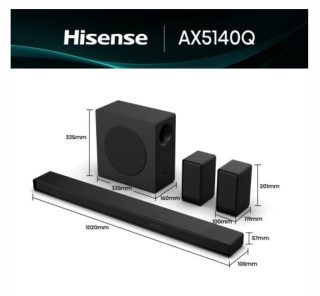 Hisense AX5140Q, 5.1.4Ch Sound Bar със безжичен субуфер, 600W, Dolby Atmos, Bluetooth 5.3, 4K HDMI Pass Through, DTS:X, HDMI/AUX/ARC/Optical/USB, 7 EQ режима, Черен