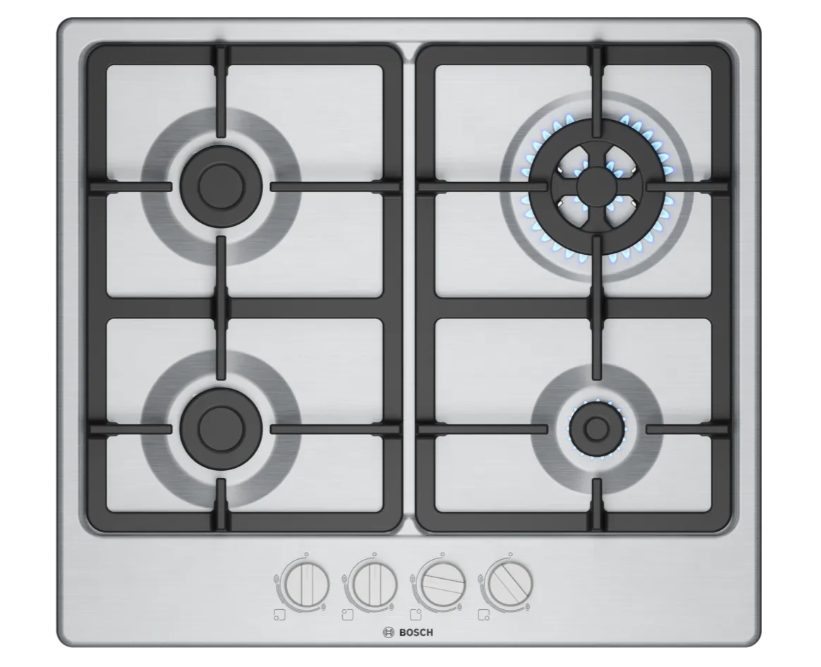 Bosch PGH6B5K90 газов плот, 4 зони, чугунена поставка, инокс, 60 см