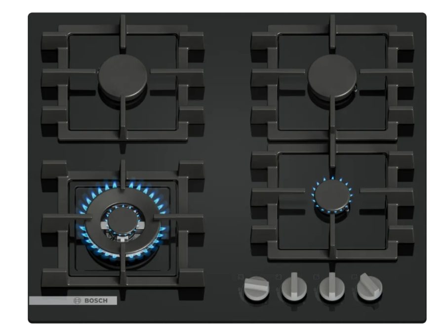 Bosch PNK6B6K40 газов плот, SER4, 4 зони, уок горелка, 9 нива на мощност, FlameSelect, лесна поддръжка, метални копчета, черен, 60см